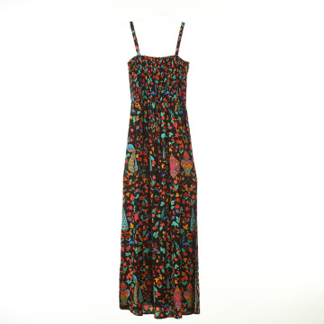 Print Recycled Viscose Long Dress with Smock Stitches
