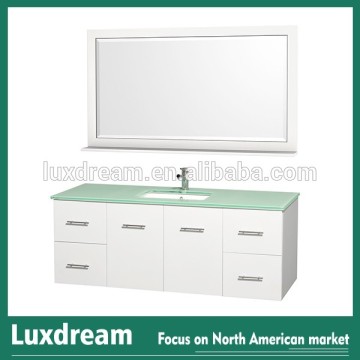 Green glass top wall hung bathroom vanity with white painting