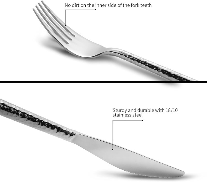 18/10 Stainless Steel Flatware Set Hand Forged Silverware Set Cutlery Set Round Hammered Handle Mirror Finished Heavy Duty 20 Pi