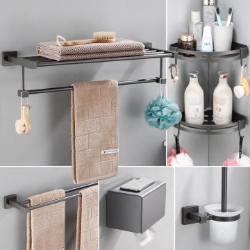 Wall-Mounted Aluminum Toilet Organizer Set - Grey Towel Bar and Rack