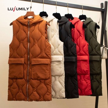 Lusumily New Arrivals Women Long Vests Thick Warm Hooded Vest Sleeveless Jacket Casual Winter Solid Soft Warm Waistcoat Female