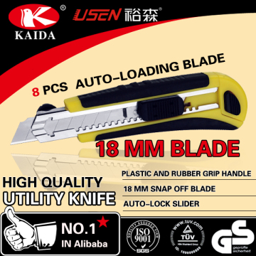 8 PCS Auto Loading 18mm Snap Off Blade Plastic with rubber grip handle Utility Knife