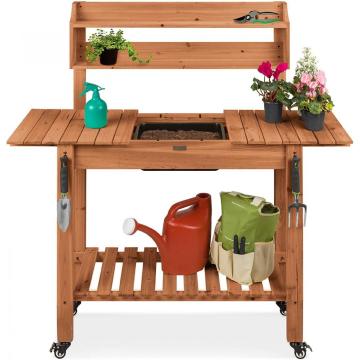 Brown Stain Finish Outdoor Mobile Garden Potting Bench