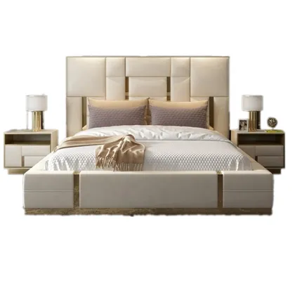 Luxury Leather Double Bed with Comfortable Bedding Set