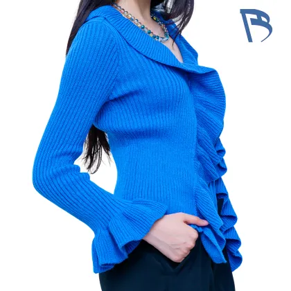 Elegant Navy Blue Ruffled Sweater for Women