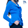 Sweater Ruffled Biru Tentera Laut Elegant untuk Wanita