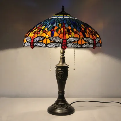LongHuiJing Brand 18 Inch Antique Vintage Dragonfly Stained Glass Lampshade Desk Light