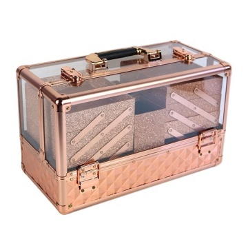Transparent Gold Professional Makeup Storage Box - Travel 6 Trays Aluminum Acrylic Case