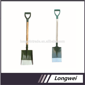 powder coated steel shovel head with wooden handle and plastic D grip