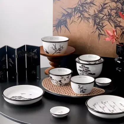 Black and White Asian-Inspired Tableware with Bamboo and Pine Designs