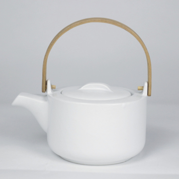 Modern White Porcelain Teapot with Bamboo Handle and Stainless Steel Infuser - 20Oz