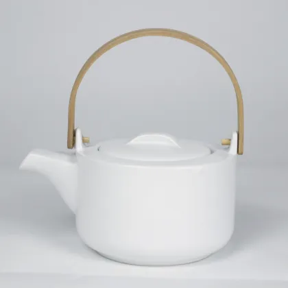 Modern White Porcelain Teapot with Bamboo Handle and Stainless Steel Infuser - 20Oz