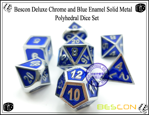 Bescon Deluxe Chrome and Blue Enamel Solid Metal Polyhedral Role Playing RPG Game Dice Set (7 Die in Pack)-3