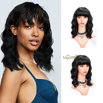 Vigorous Short Wavy Wigs for Black Women African American Synthetic Black Hair Wigs with Bangs Heat Resistant Cosplay Wig