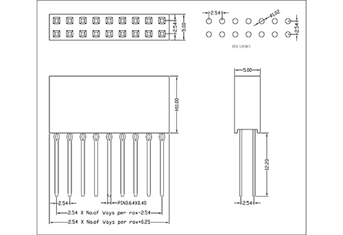 2.54 mm Female Header Dual Row Straight Type Press-fit H=11.0 PC104E06-XXDXXX