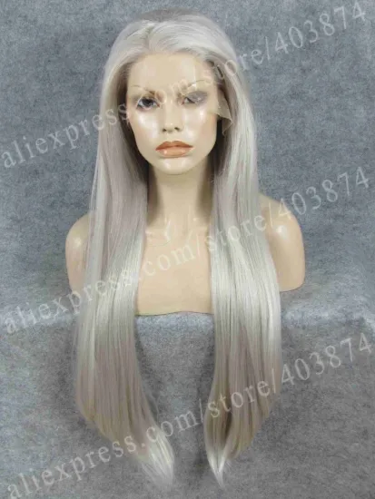 2015 New Color Long Silky Straight Gray Cosplay Heat Resistant Hair Lace Front Synthetic Wig