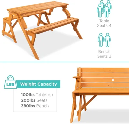 Best Choice Products 2-in-1 Transforming Wood Picnic Table Garden Bench