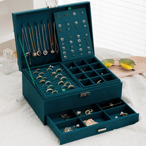 3-Layers Green Velvet Lock Jewelry Organizer Box