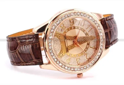 Eiffel Tower Leather Womens Wrist Watches Crystal Brown , Bronze Case Watches
