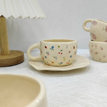 Irregular Ceramic Mug with Flower Design: Personalized Coffee Cup with Saucer