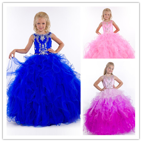 Royal Blue Spaghetti Beads Tulle Ball Floor Length Flower Girl Dress (QH002)