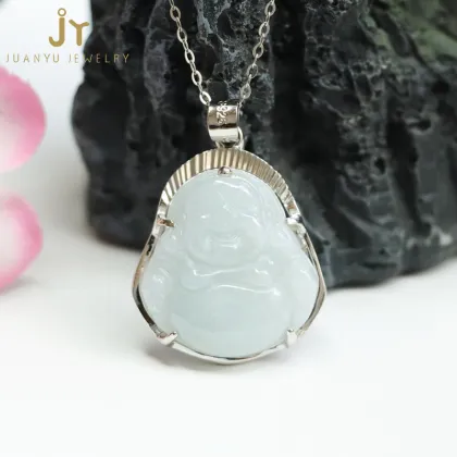 Wholesale Natural Burma Jade S925 Silver Pendant Buddha Necklaces Carved from Jadeite