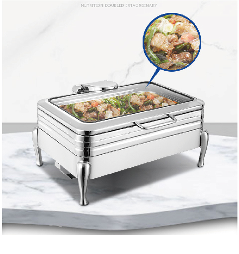 Square stainless steel chafing dish in restaurant