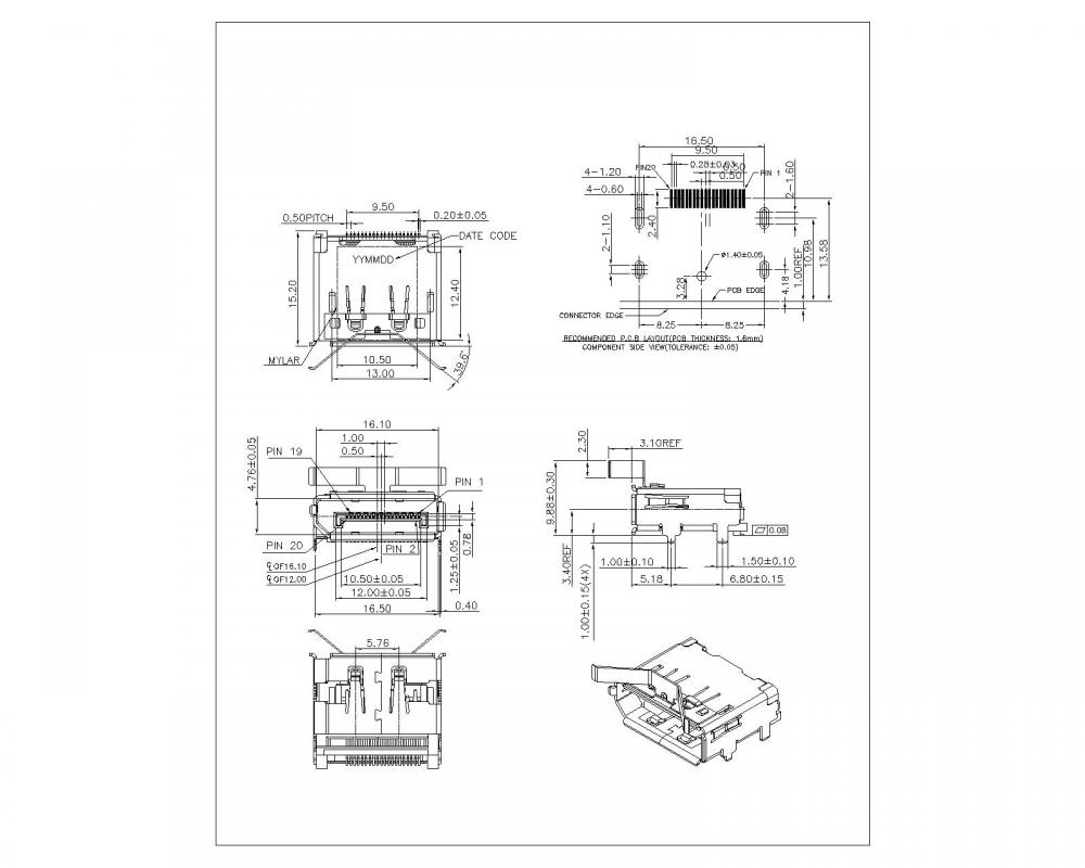 Tampilkan port smt dengan klip, kaki shell 1.0mm