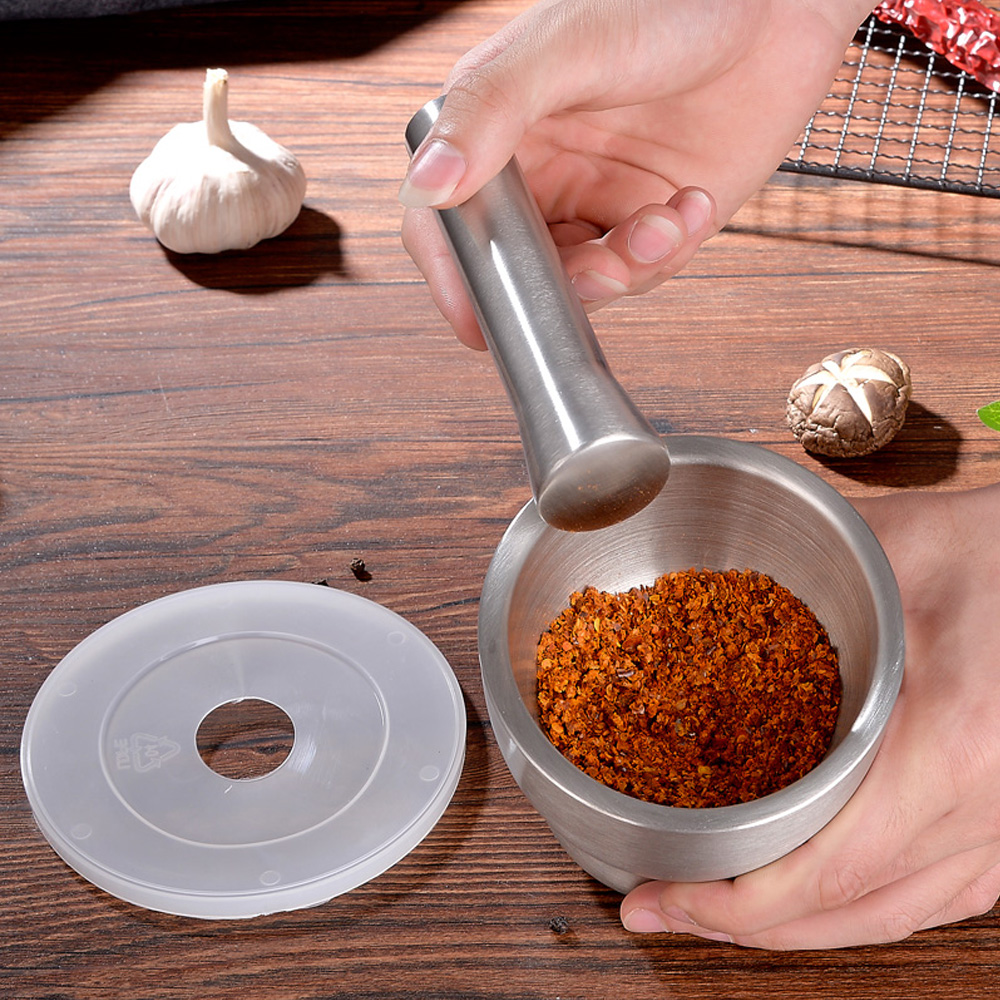 304 Stainless Steel Metal Mortar Salt And Pestle Pedestal Bowl Garlic Press Pot Herb Mills Pepper Spice Grinder Pot High Quality
