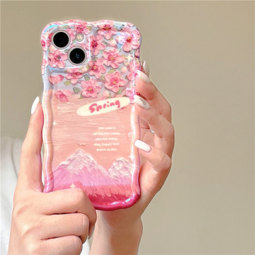 Luxury Oil Painting Pink Snow Mountain Flowers Phone Case for iPhone 16 Pro Max 15 14 13 Pro 12 11