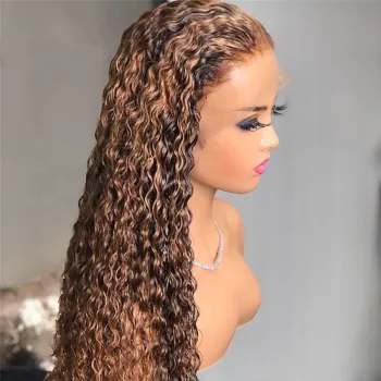 Wholesale Highlight 1b Honey Brown Color Kinky Curly 100% Human Hair Lace Frontal Wigs Full Hd Lace Front Wigs For Black Women