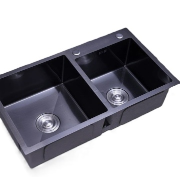 Double Bowl Black Stainless Steel Drop-in Kitchen Sink with Dual Basins and Built-in Ledge - Factory Price