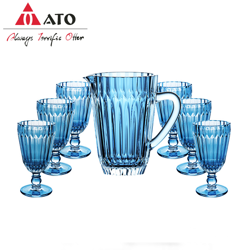 Blue colored glass goblet engraved drinking glass set