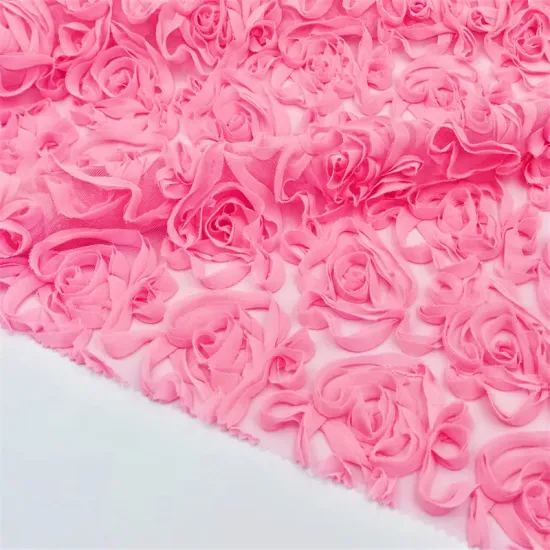 Pink Rose 3d Flower Embroidered Mesh Lace Fabric