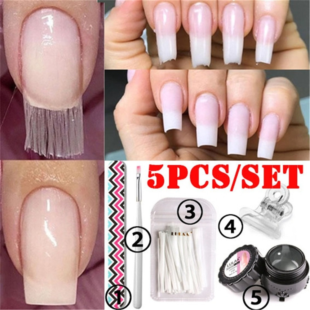 5Pcs/Set Professional Fiberglass Nail Kit Fiber Glass Nails Extension Building Manicure Salon Tweezer Nail Scraper Nail Pen Set
