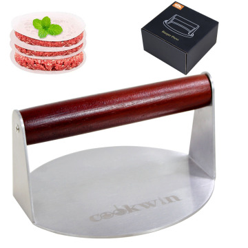 15x7.5cm/5.9x3\" Round Nonstick Stainless Steel Burger Press: Heavy Duty Smash Meat Press with Wood Handle - Perfect for Griddle and Sandwich Making