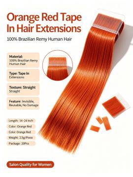 Orange Red Brazilian Remy Human Hair Tape In Extensions For Women