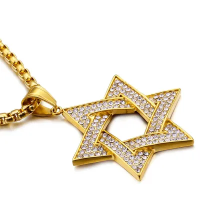 Jewish Rhinestone Gold Star Of David Necklace