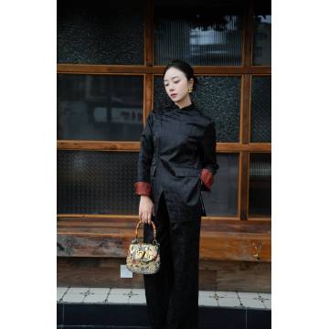 十三柴丝路祥云纱丝质长裤