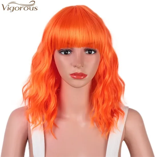 Vigorous Good Quality 14 Inches Female Short Wavy Synthetic Bob Wigs With Bangs Synthetic Heat Resistant Fiber Cosplay Wig