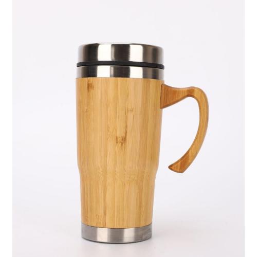 Caneca de café de aço inoxidável de bambu 450ml com punho