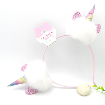 Super Cute White Faux Fur Pompom Unicorn Horn Headband for Girls' Birthday Accessories