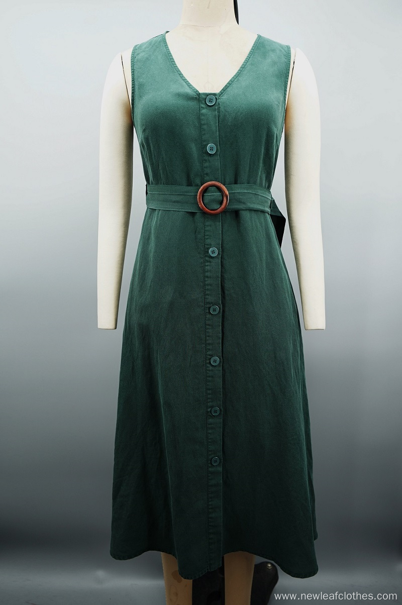 New Women Elegant Sleeveless Buckle Belt V-neck Dress