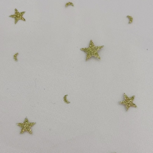 Tulle trasparente in nylon con luna e stelle dorate glitterate