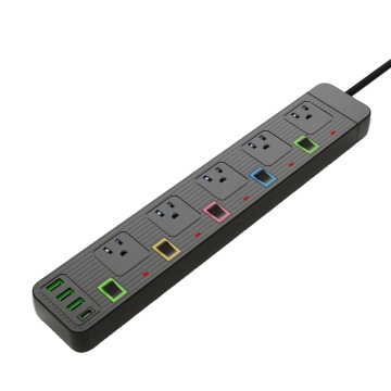 US Standard Black Power Strip with 5 Outlets, 3 USB, 1 Type-C, and Switch