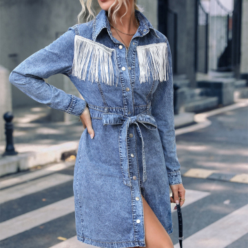 Stylish Casual Summer Midi Denim Dress with Fringe Trim, Button Decorations, Self-Tie and Front Logo: Perfect for Summer Outfits