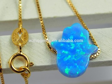 blue opal hamsa necklace silver Synthetic opal hand shape necklace