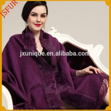 Brand New Design Rabbit Fur Trim Wool Knitted Warm Super Winter Shawl