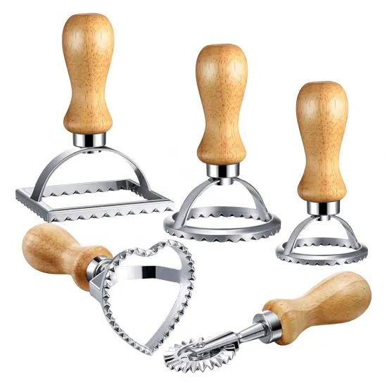 5 Piece Ravioli Stamp Set: Square & Round Pasta Dumpling Tool with Wooden Handle