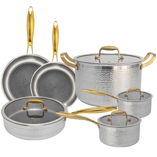 High Quality Induction Non-Stick Honeycomb Pan 10Pcs Gold Stainless Steel Cookware Set